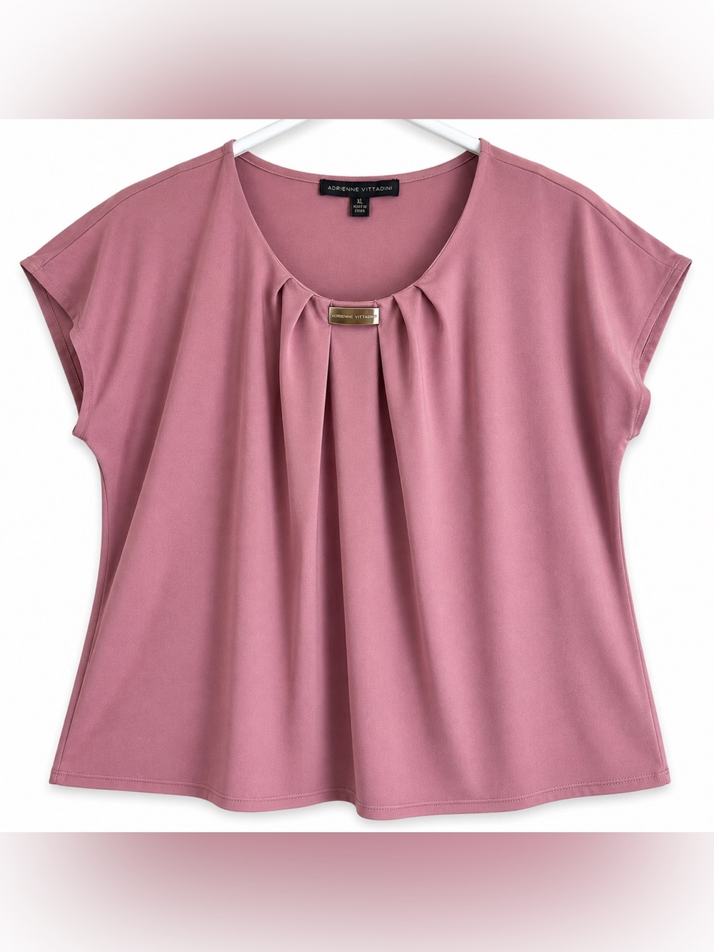 Adrienne Vittadini Blouse Women’s XL Pink Solid V-Neck Cap Sleeve Pleated